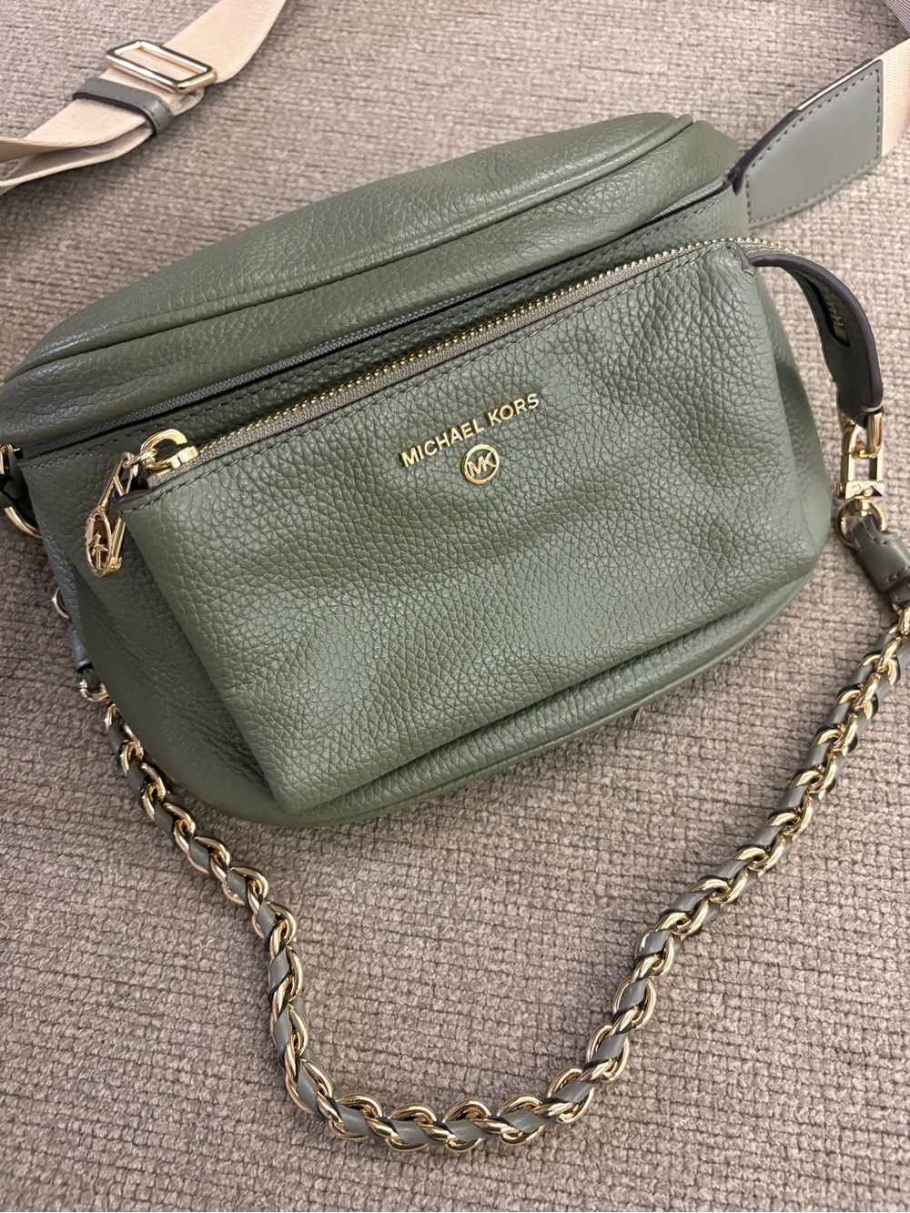 Michael Kors Olive Pebbled Leather Chain-Trim Crossbody Belt Bag